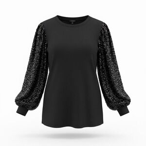Torrid Rib Crew Neck Sequin Sleeve Long Sleeve Top Deep Black Size 4X‎ 26